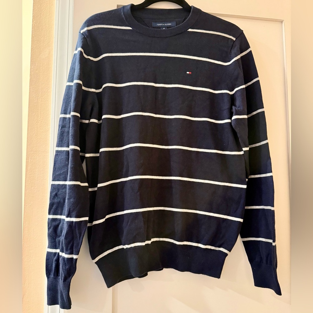 Tommy Hilfiger Men's Preppy Navy Blue and White Striped Crewneck Sweater